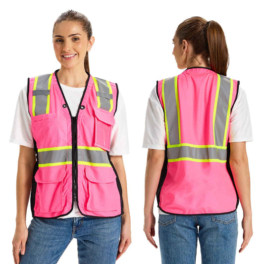 Hi Vis Safety Vest for Women,Working Drawstring waist Construction Vest with Pockets and Zipper,Womens Safety Vest,ANSI Type R Class2