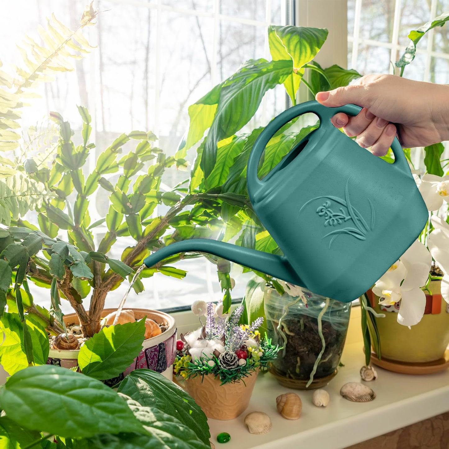 ZXJ Plant Watering Can - for Indoor and Outdoor Home Garden Plants - with Long Spout - Green - 1/2 Gallon