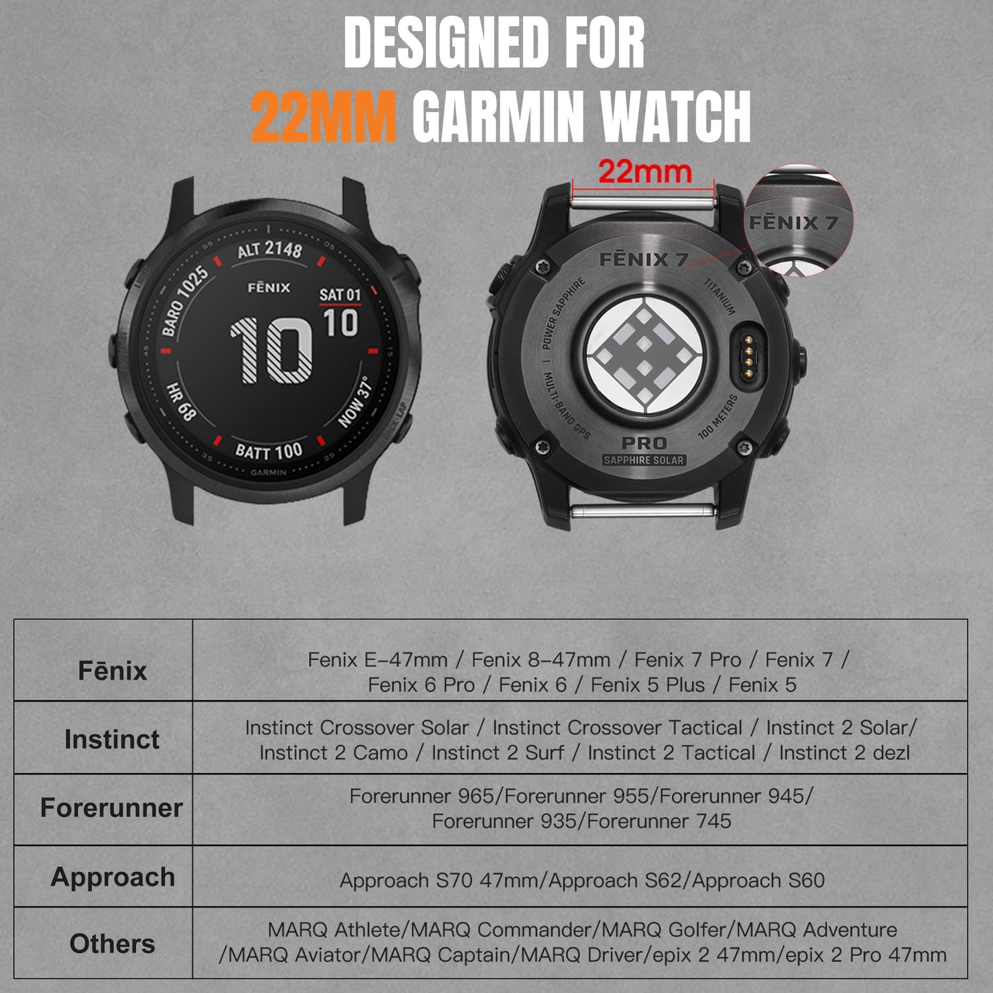 Bandletic Compatible with Garmin Instinct Watch Bands - Stainless Steel Silicone Rugged Strap Quick Fit 22mm Watch Band for Fenix E/8/7/6/5/Forerunner 965/955/945/935/745/Epix 2/Approach S70/S62/S60