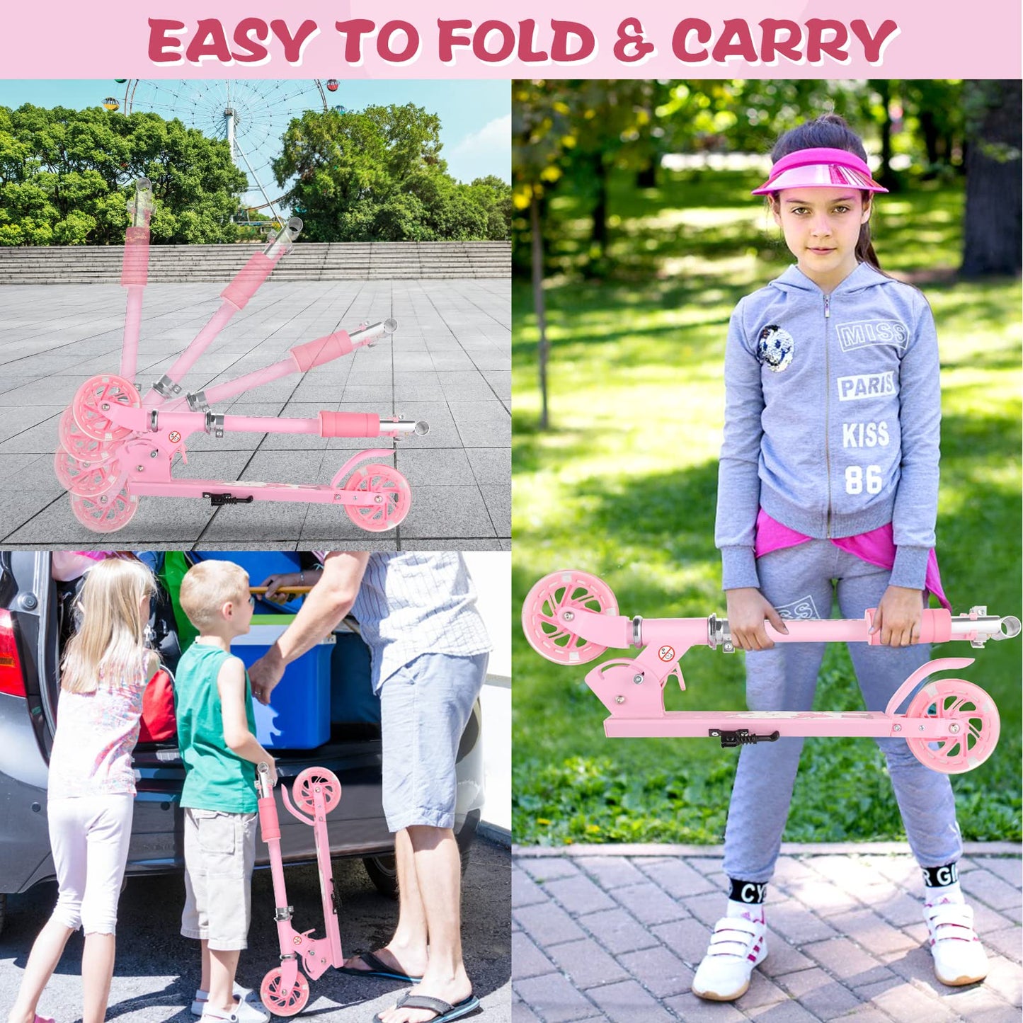 Scooter for Kids Ages 3-10 - Kids Kick Scooters with Led Light Up Wheels & 3 Levels Adjustable Handlebar, Lightweight Foldable 2 Wheel Girly Pink Scooter, Christmas Birthday Gifts for Girls Boys.