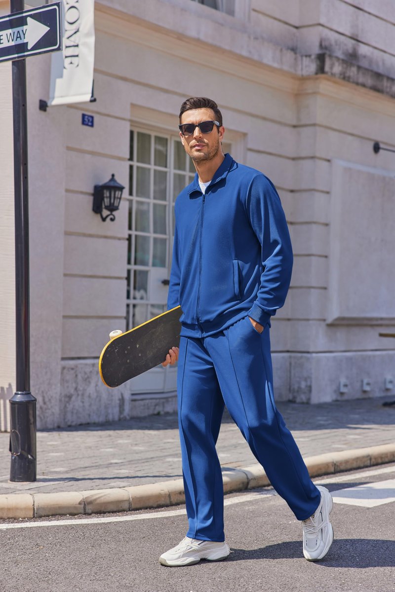 COOFANDY Blue Sweatsuit Mens Athletic Track Suits 2 Piece Set Plus Size Track Suit Long Sleeve Running Fashion Set