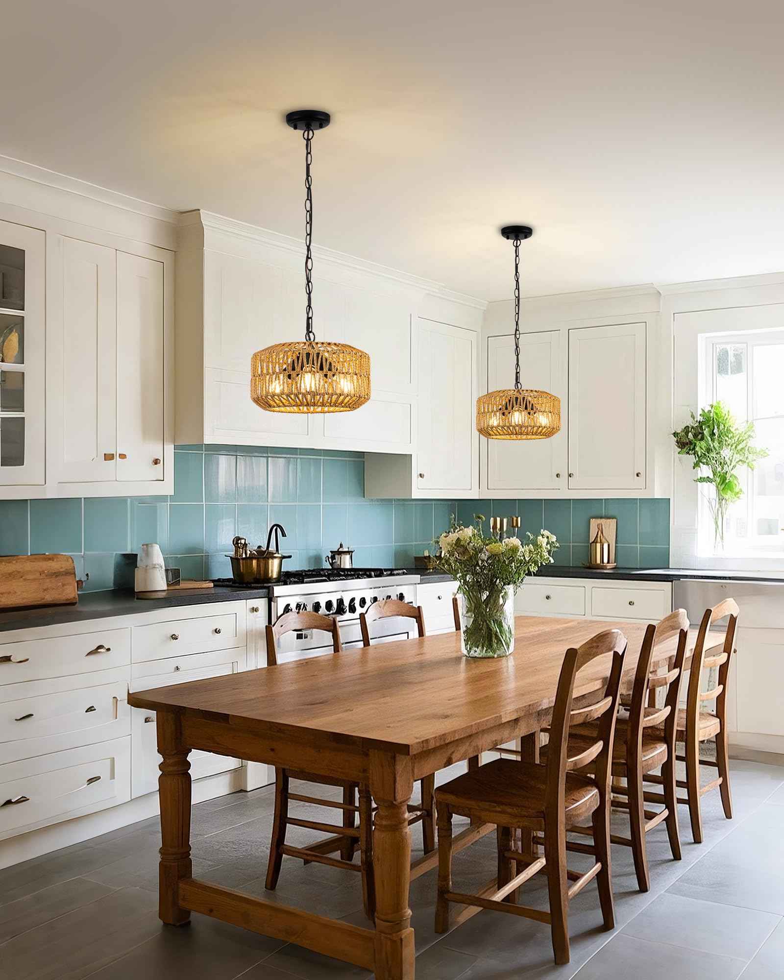 Boho Rattan Chandelier, 3-Lights Farmhouse Hanging Pendant Light, 11.8" Rustic Wicker Woven Chandeliers for Living Room, Kitchen Island(No E26 Bulbs, Not Exceeding 4.3")