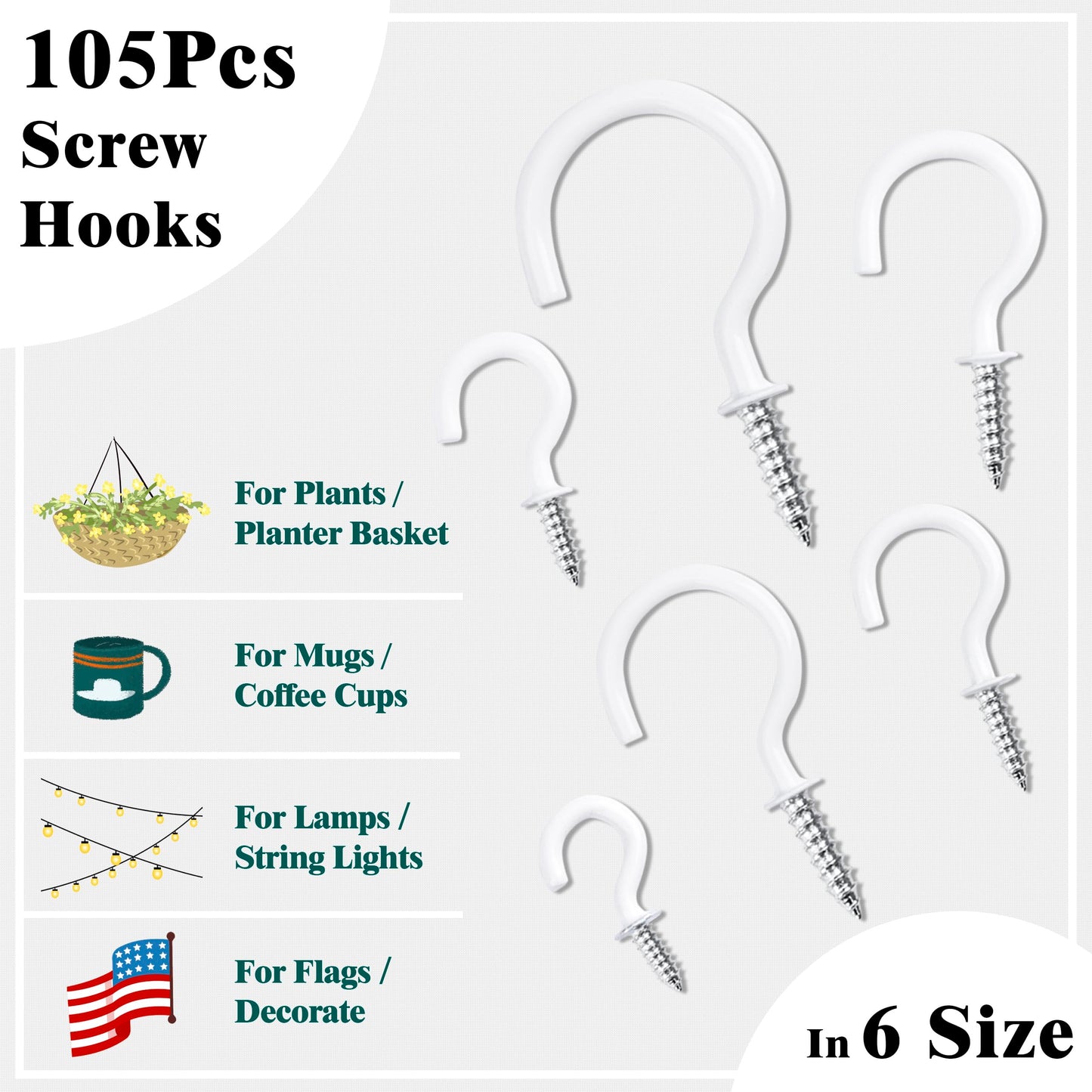 EIENHOSHI 105 Pcs Screw Hooks, 6 Sizes White Cup Hooks, Screw in Hooks for Hanging, Metal Cup Hook Screw in (1/2", 5/8", 3/4", 7/8", 1'', 1-1/4")