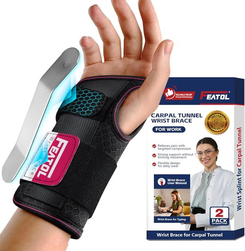 FEATOL Carpal Tunnel Wrist Brace - 2 Pack Night Support for Pain Relief | Fits Right & Left Hand, Large