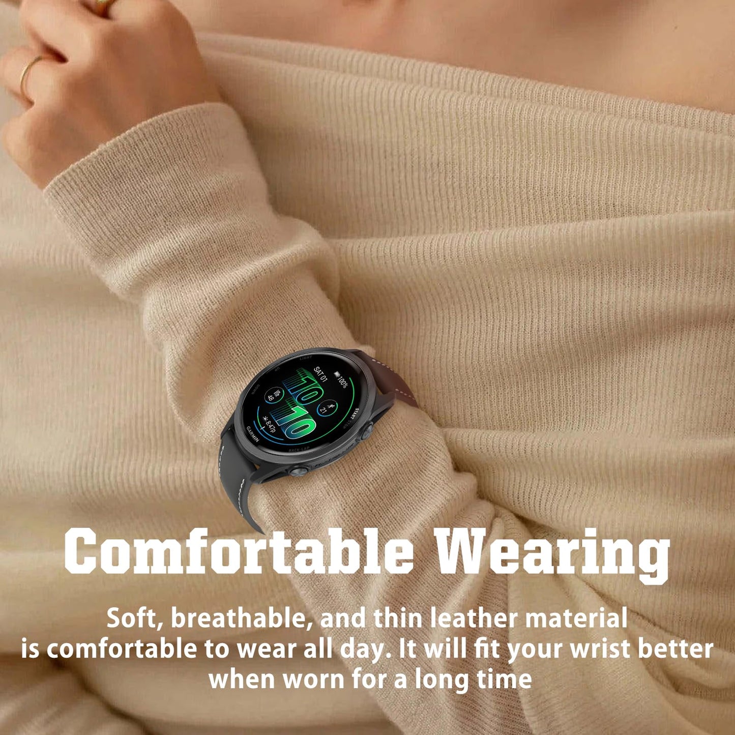 Slim Leather Watch Bands Compatible with Garmin Forerunner 570 42mm/Vivoactive 6/5/3/Venu Sq 2/Venu Sq/Forerunner 165,20mm Wristband,Replacement Stylish Slim Wristband Strap for Women Men Black