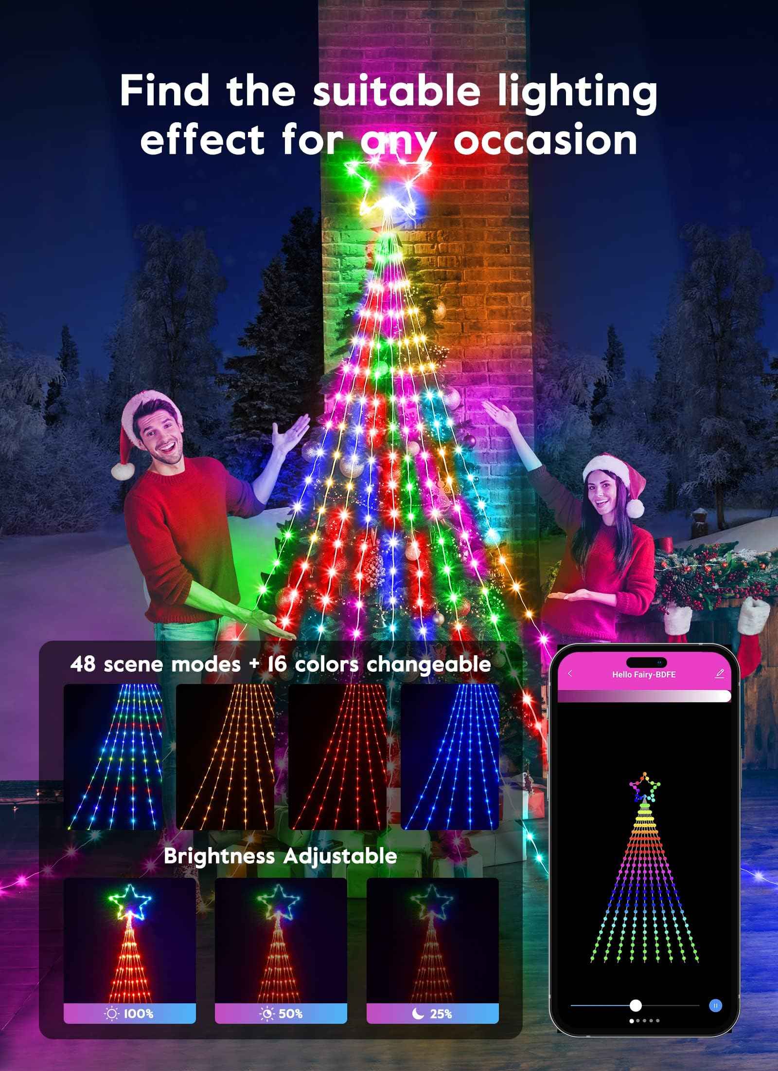 Outdoor Christmas Star String Lights, 16.4Feet 317LED Smart RGB Waterfall Tree String Light with APP Remote Control, DIY Timer Music Sync Shooting Star Lights for Indoor Outdoor Garden Decoration