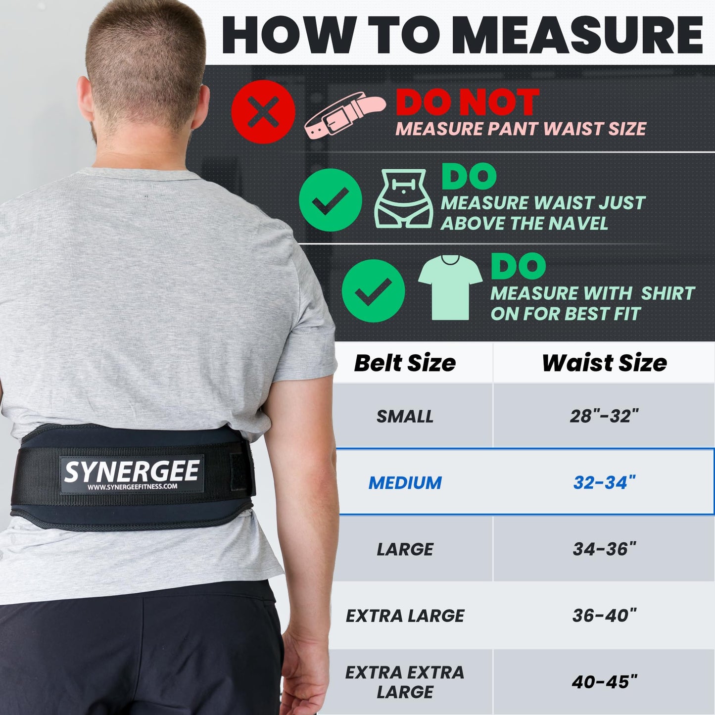 Synergee Weightlifting Belt 5” Padded Support for Squats Deadlifts Powerlifting & Cross Training - Medium