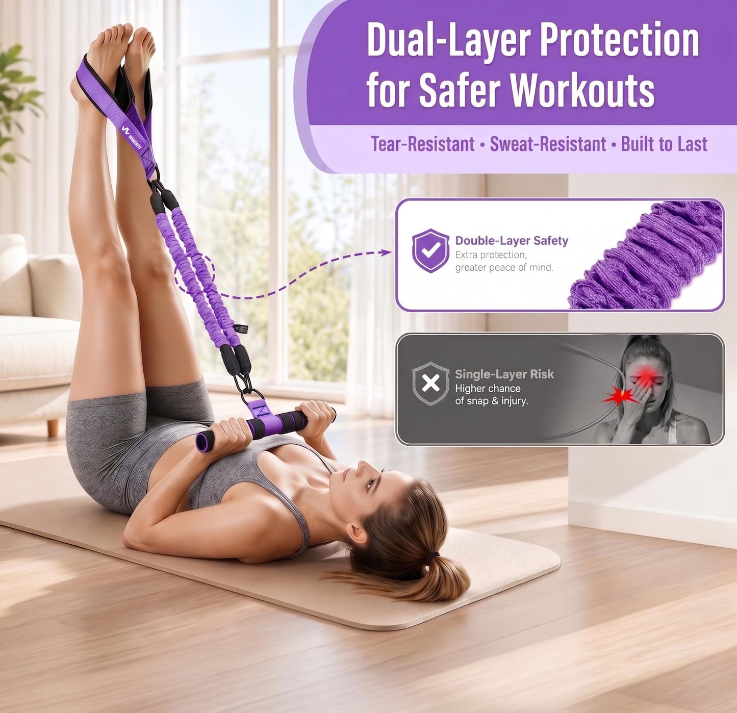 WHATAFIT Upgraded Multifunction Pedal Resistance Band with Handles, 3-Tube Adjustable Foot Pedal Exercise Band, Ankle Straps Included, for Abs Core Leg Arm Waist Full Body Workout Pink Purple