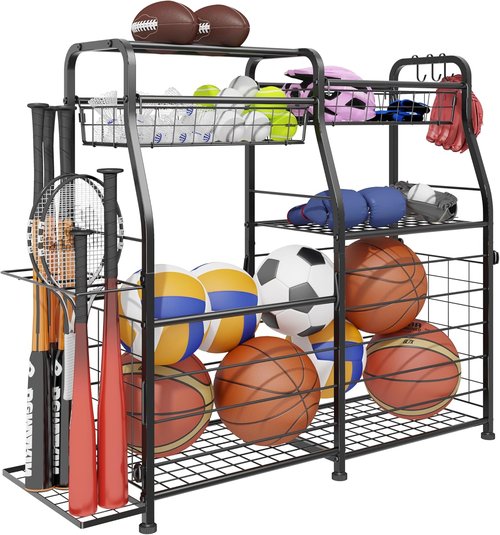Garage Sports Equipment Organizer - Mobile Ball Storage Rack with Elastic Rope | Indoor/Outdoor Use, Black