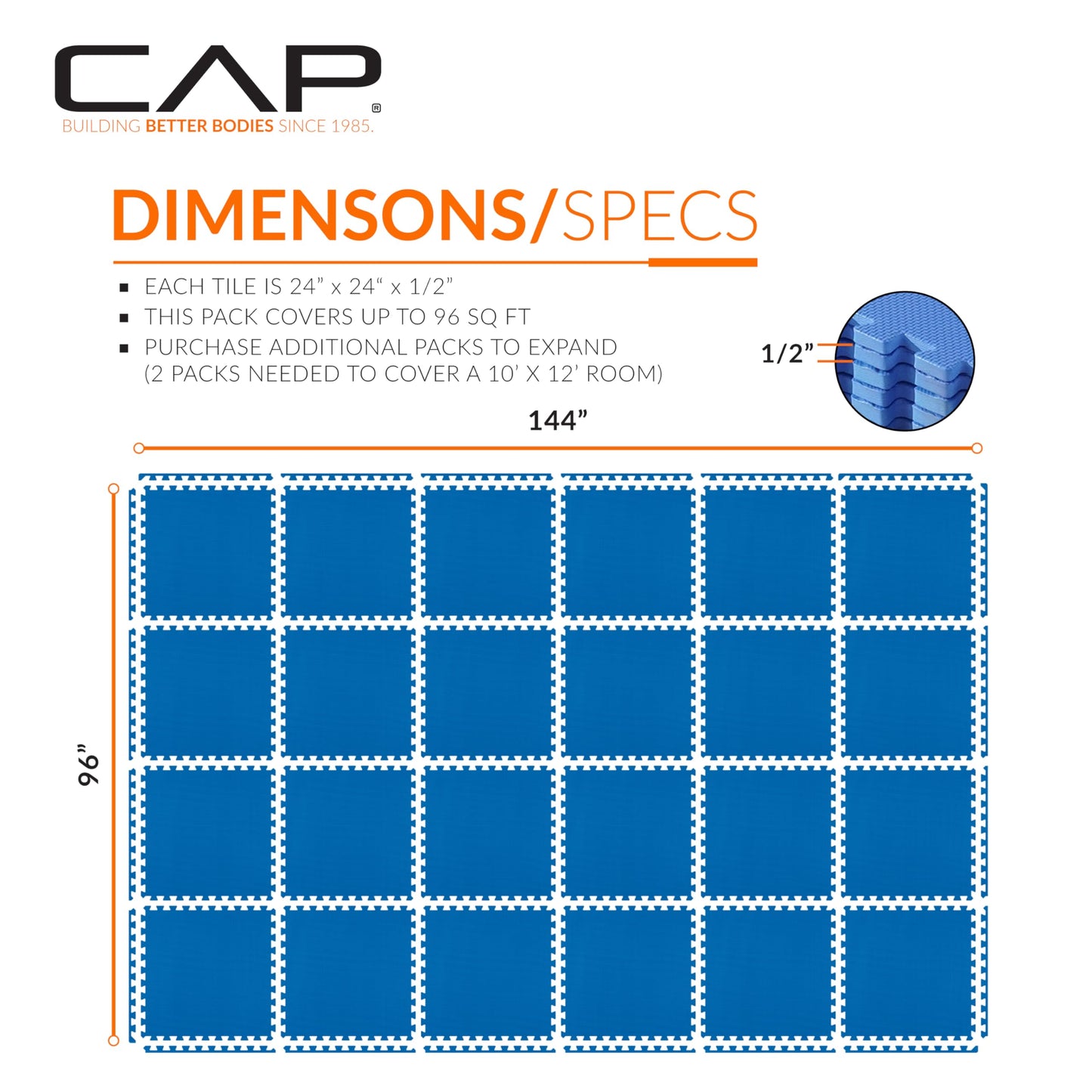 CAP Barbell 1/2-Inch Interlocking EVA Foam Exercise Puzzle Mat Home Gym Flooring - 4 Pack | 24" x 24" x 1/2" | T Pattern - Blue