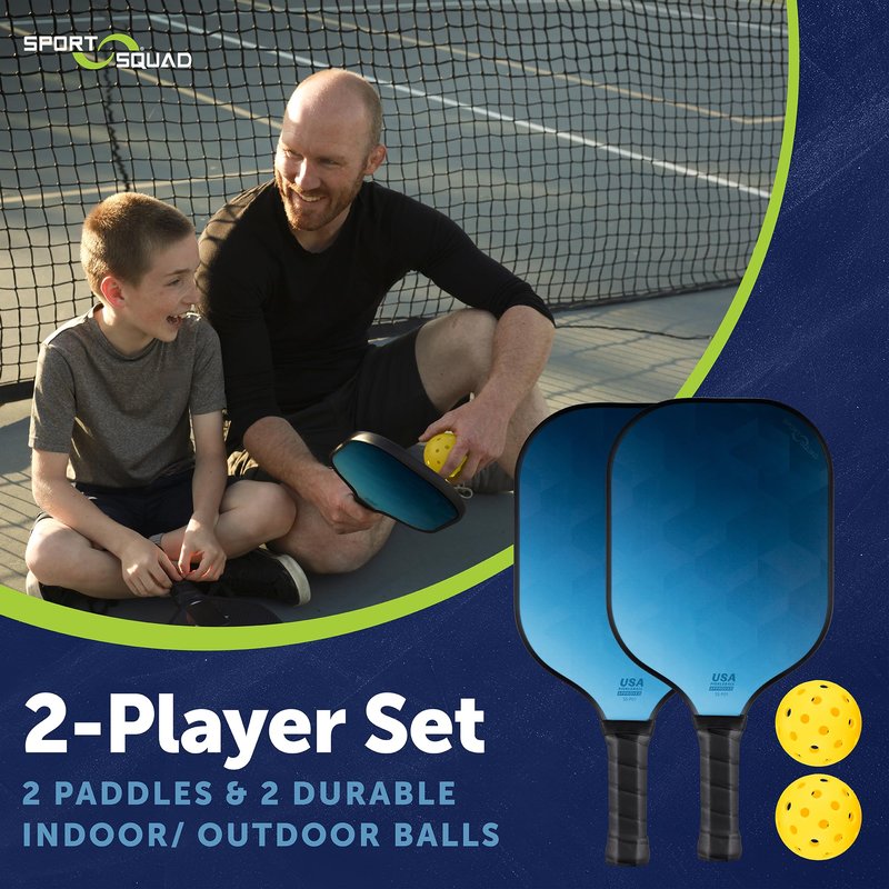 Sport Squad 2-Player Pickleball Paddle Set - 2 Fiberglass/Graphite Paddles & 2 Long-Lasting Outdoor Balls - Designed to Maximize Power Skill Levels - USAP Approved - Kids + Adults