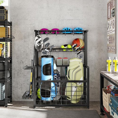 HOOBRO Ball Storage Rack - Heavy Duty Sports Equipment Organizer with Basket & Hooks | Black