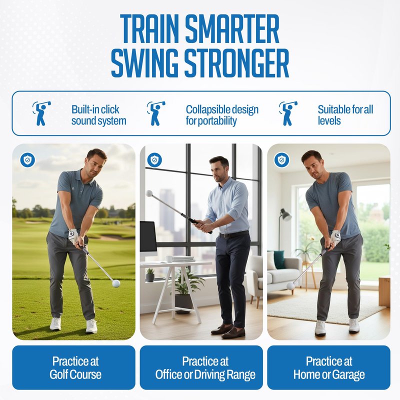 Retractable Golf Swing Training Aid,Rhythm Click Sound Warm Up Golf Swing Trainer,Golf Grip Trainer Attachment -Strength & Tempo Training for Chipping Hitting,Golf Accessories for Men-BONUS Items