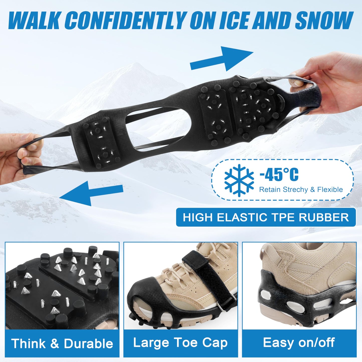 Ice Cleats Snow Walk Traction Cleats Crampon for Walking on Snow and Ice Upgrade 28 Studs Non-Slip Overshoe Rubber Anti Slip Crampons Slip-on Stretch Footwear