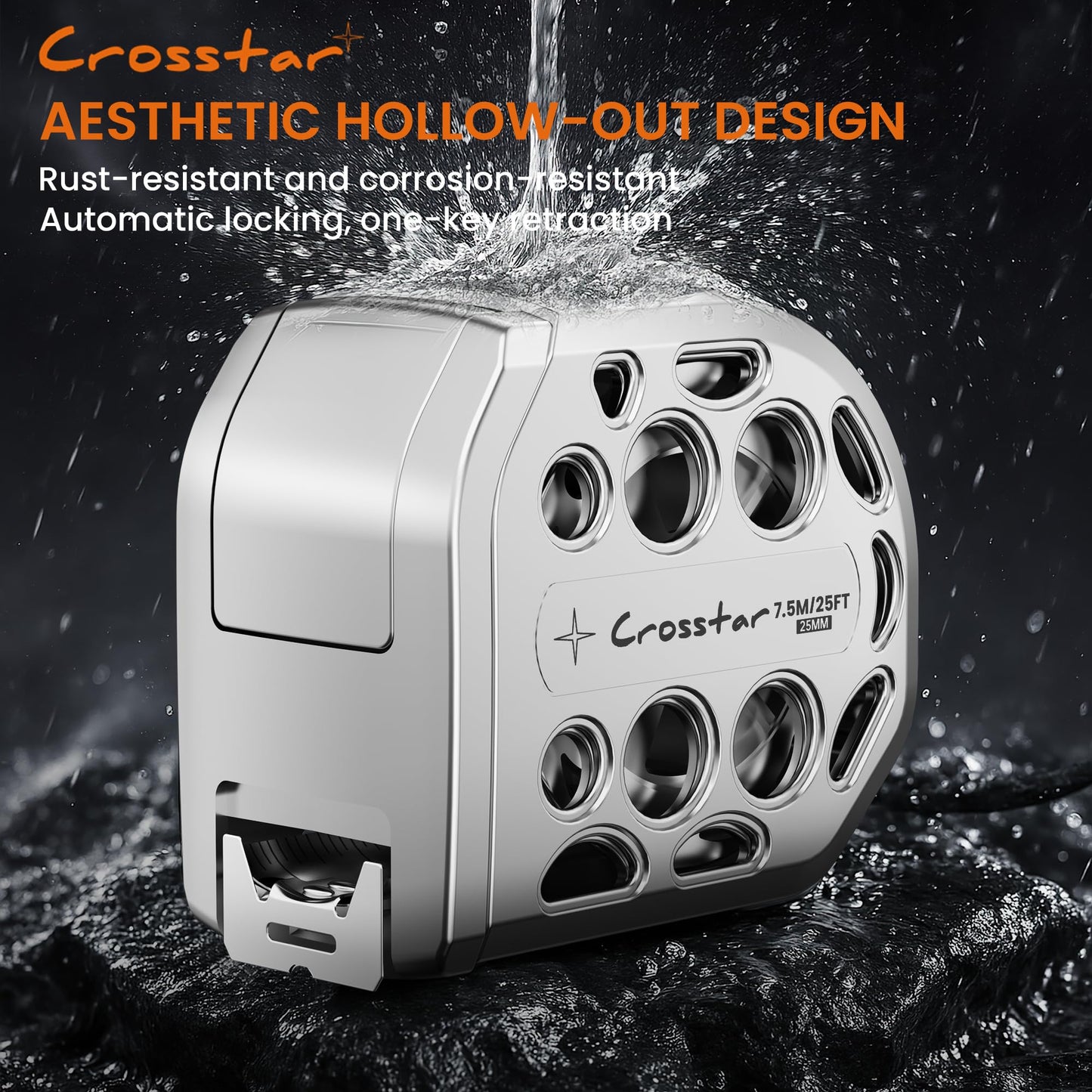 Crosstar 25FT Magnetic Self-Locking Stainless Steel Tape Measure, Double-Sided Scale, Waterproof & Rustproof Retractable Measuring Tape with Hollow Design for Home, Industrial, Woodworking