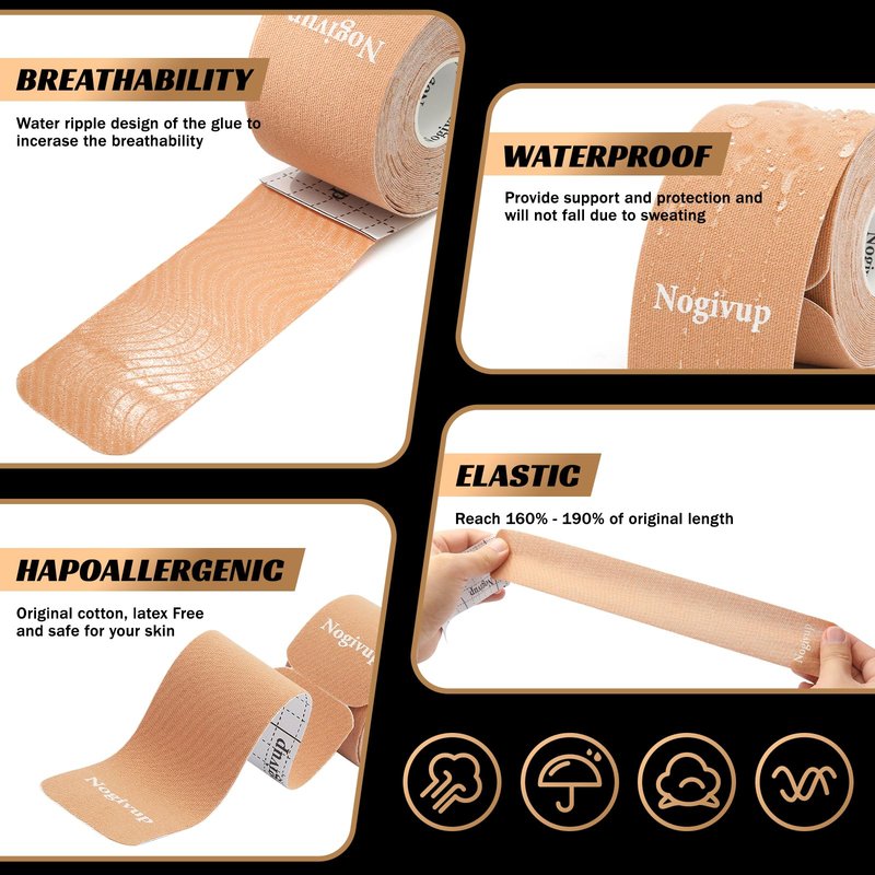 Nogivup Kinesiology Tape – 2 Rolls Latex-Free Cotton Precut Strips, Elastic Waterproof Athletic Sports Tape for Muscle & Joint Pain Relief & Support (Beige, 2" Wide)