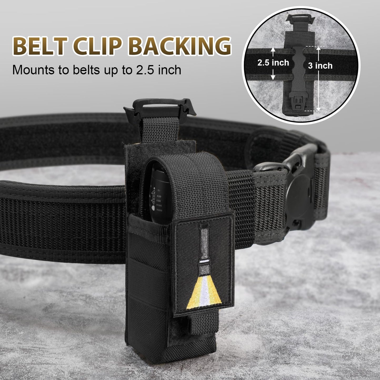 Tactical Flashlight Holster, Adjustable Flashlight Pouch Holder Molle Torch Carry Case for Duty Belt Backpack Vest Include Flashlight Patch & USA Flag Patch (Black-Nylon Strap with snap)