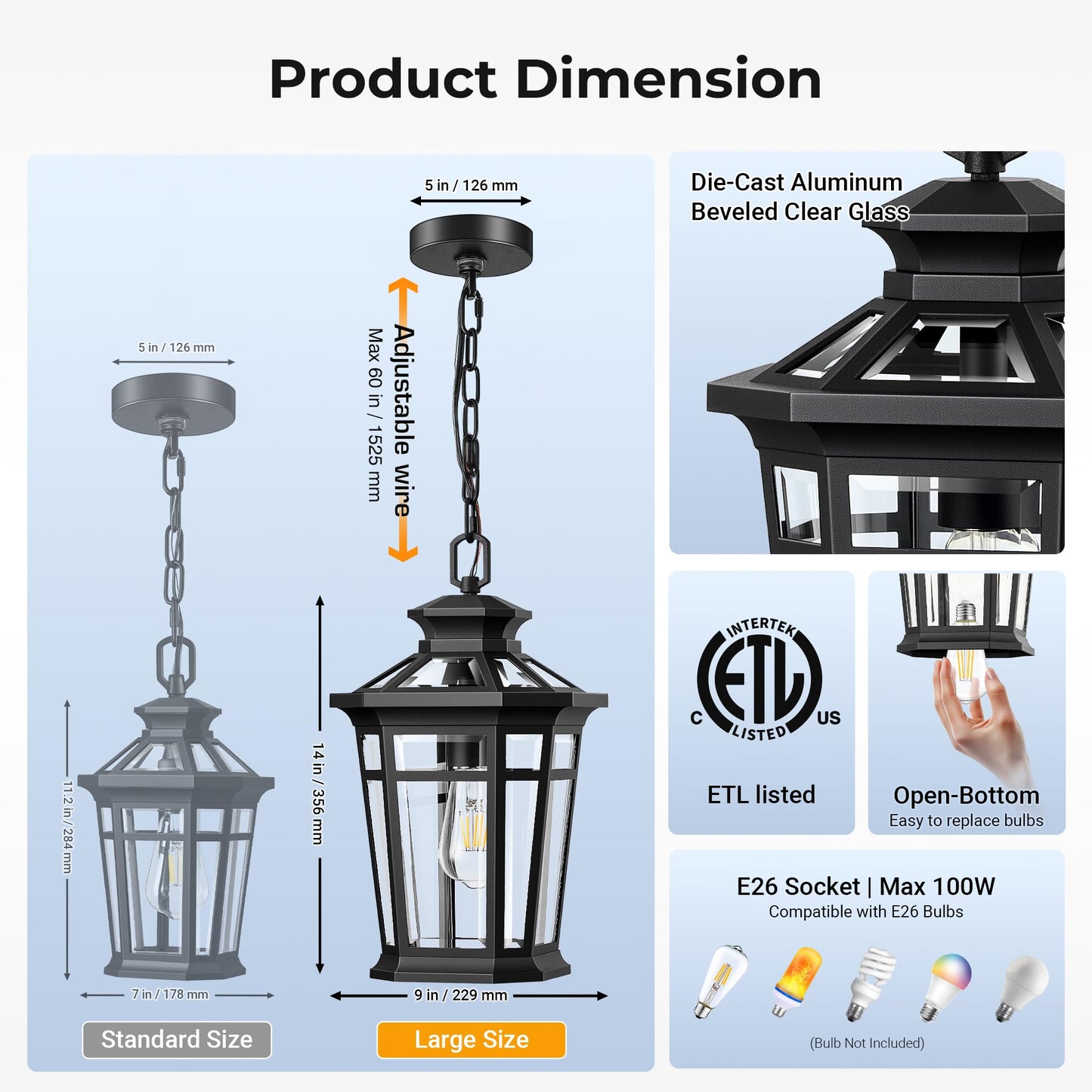 OPAXIS Large Outdoor Pendant Light Fixture, 16'' Black Exterior Hanging Lanterns with Adjustable Chain, Waterproof Outdoor Ceiling Lights for Porch, 100% Aluminum Exterior Chandelier for Gazebo, Patio