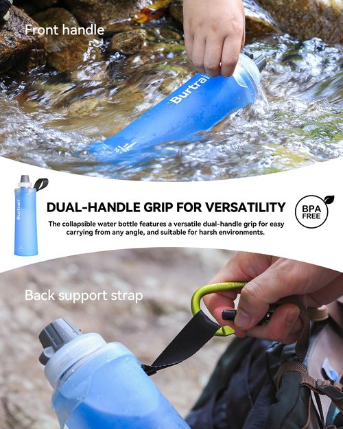 Burtrail 1.0L Collapsible Water Filter Bottle, BPA-Free Ultralight & Durable Squeeze Bottle with 42mm Filter Cap Cartridge, Filtered Water Bottle for Camping, Hiking, Backpacking, Survival & Travel