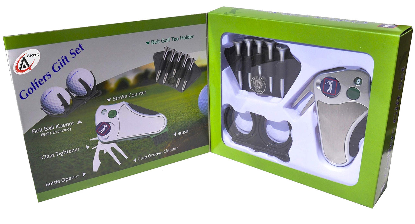 Golfer's Best Golf Gift Set: Tool - Stroke Counter, Divot Tool Repair, Brush, Ball Marker, Cleat Tightener, Club Groove Cleaner Belt Tee Holder Tees Belt Ball Holder - Gift Idea for Men Women