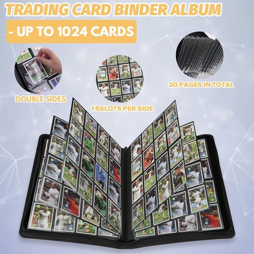 GERMUN PU Card Binder - Premium 16-Pocket Holder for 1000+ Cards | Double-Sided Album (Black)
