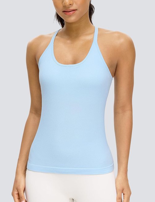 MathCat Seamless Workout Tank Top for Women - Built-In Bra & Spaghetti Strap Design | Ribbed Athletic Yoga Shirt