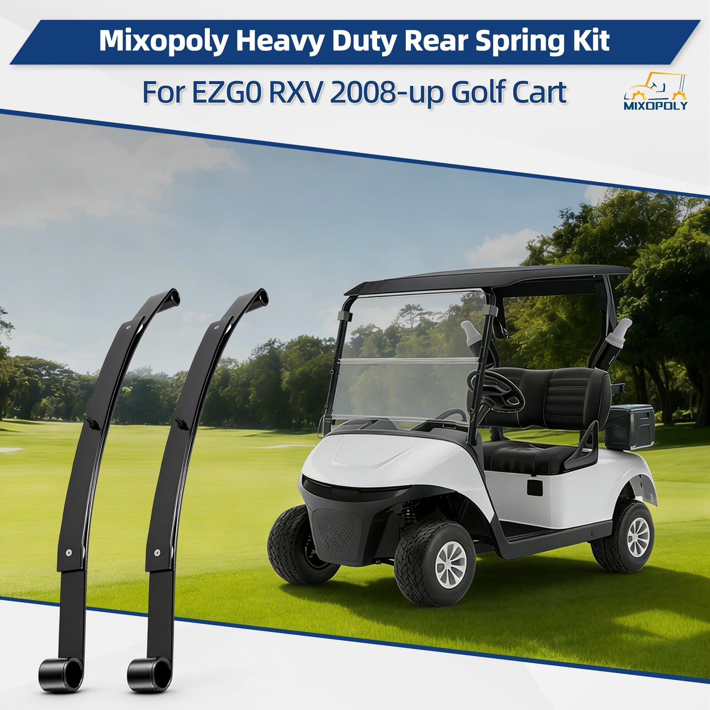 Mixopoly Heavy Duty 2-Leaf Rear Spring Kit Replacement for EZGO RXV 2008-up Golf Cart with Bushings, Sleeves & U-Bolts for Smoother Ride Replace OEM 603498, 604494