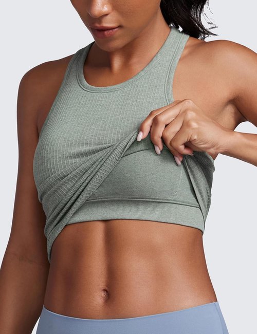 CRZ YOGA Seamless Ribbed High Neck Crop Tank Tops - Longline Racerback Padded Sports Bra for Women