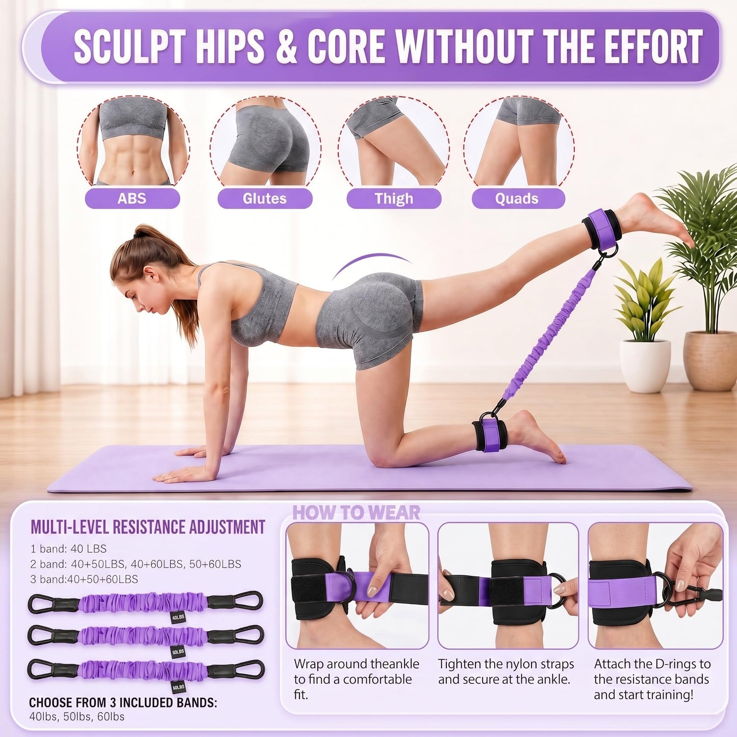 WHATAFIT Upgraded Multifunction Pedal Resistance Band with Handles, 3-Tube Adjustable Foot Pedal Exercise Band, Ankle Straps Included, for Abs Core Leg Arm Waist Full Body Workout Pink Purple