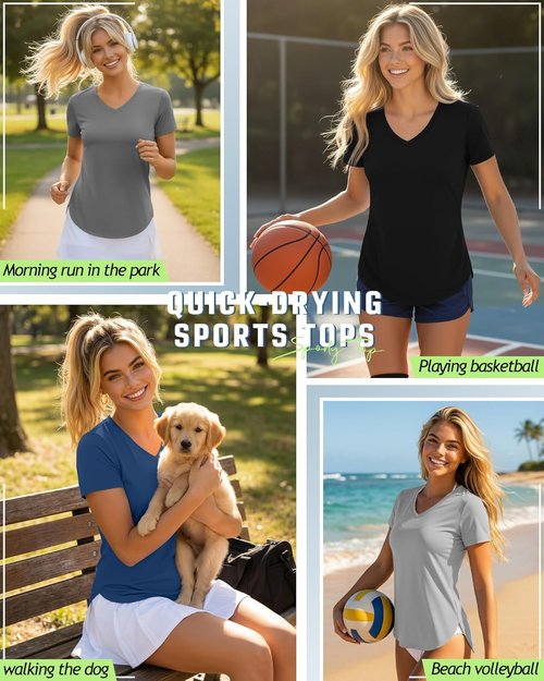 Locoowai Women's Workout Shirts - V-Neck Quick Dry Tops with UPF 50+ Protection | 5-Pack Short Sleeve Tees