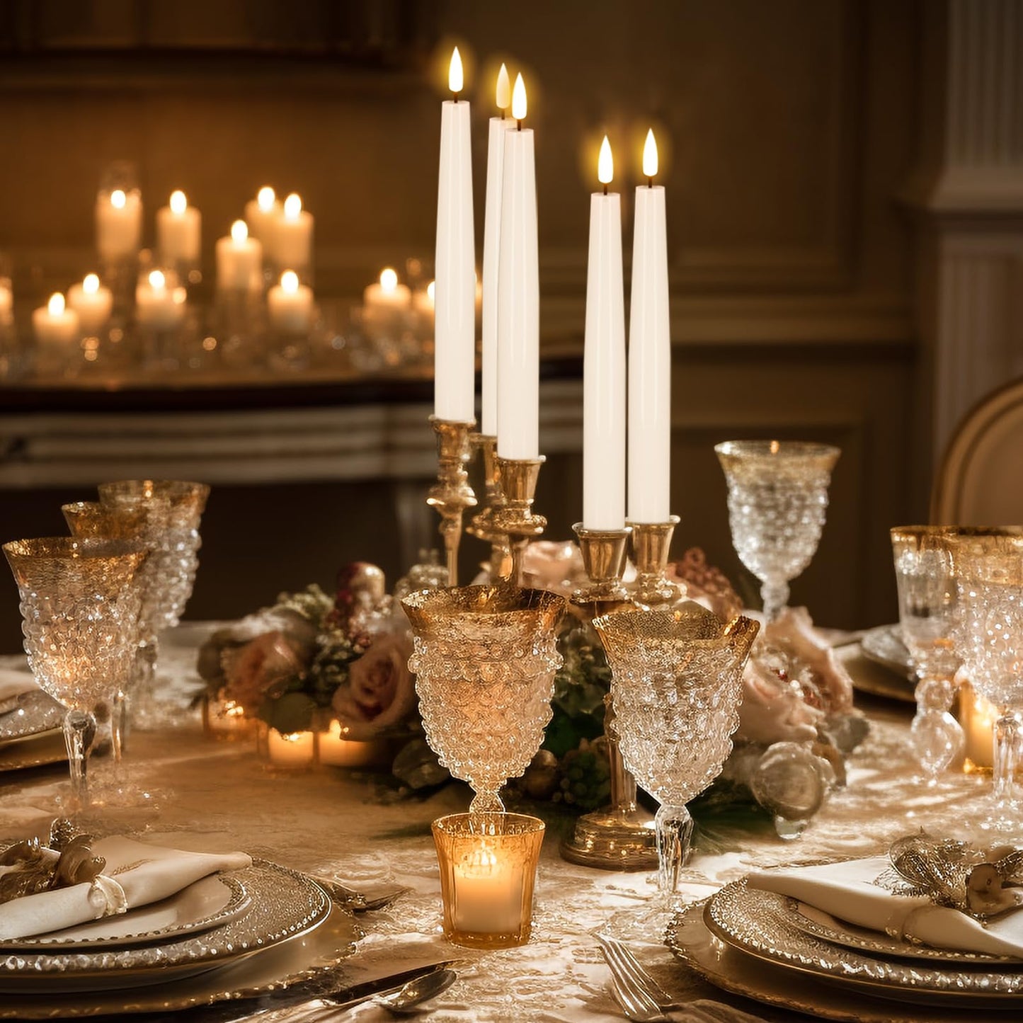 GenSwin Flameless Flickering Taper Candles Battery Operated, 4 Pcs Real Wax LED Taper Flameless Candlesticks with 3D Wick, White Electic Long Candles for Home Table Centerpieces Decor (0.79” x 8.1”)