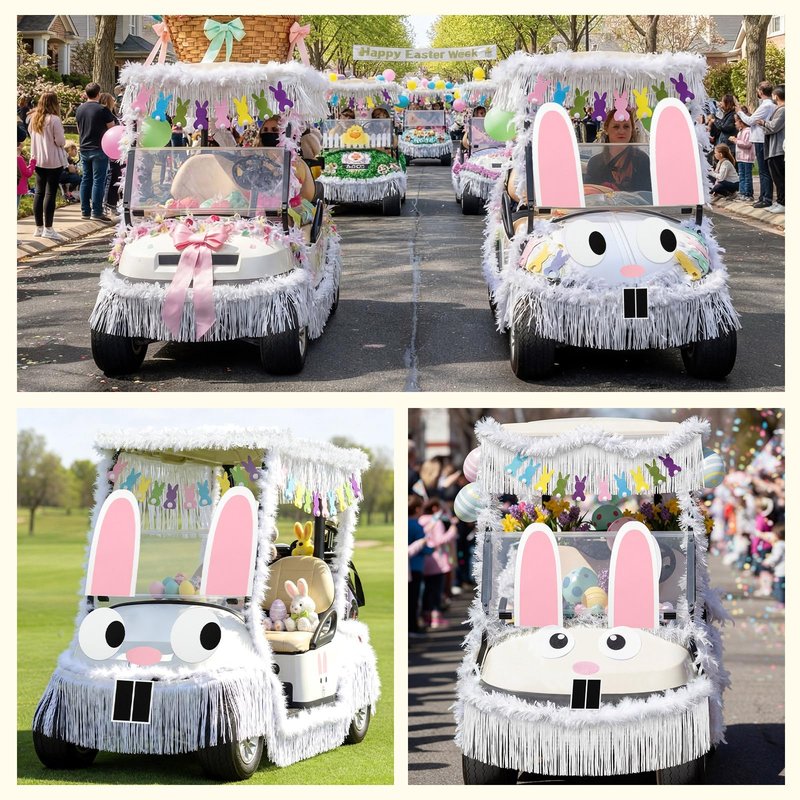 Moucuny 12 Pcs Easter Bunny Golf Cart Decoration Kit 1 Set Giant Felt Rabbit Model 3 Silver Thread Felt Strip 2 Curved Rain Curtain 2 White Felts Strip 2 Easter Bunny Banners for Golf Cart Accessories