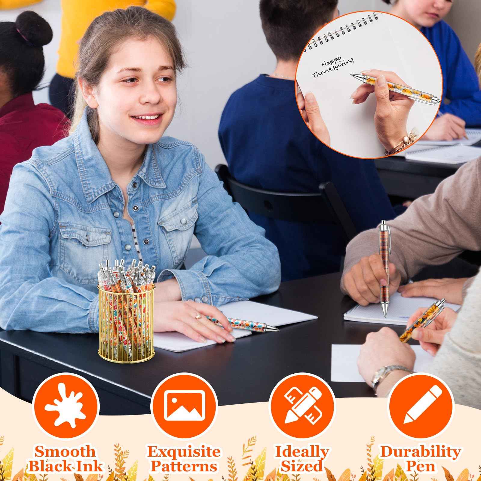 Resurhang 150 Pcs Thanksgiving Ballpoint Pens Bulk Fall Themed Pen 0.5 mm Autumn Maple Leaf Pumpkin Harvest Style Retractable Black Ink Pens Thanksgiving Party Favor Pen for Kid School Office Supplies