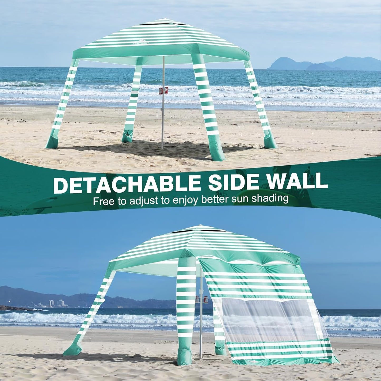Rhino Valley Beach Tent - 8x8FT UPF50+ Sun Protection Canopy | Easy Setup, Wind Resistant, Green & White