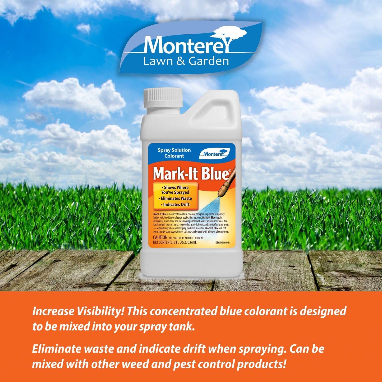 Monterey Mark-It Blue Bundled with Measuring Spoon - Spray Solution Colorant Chemical Marker Dye for Insecticide, Herbicide, and Fungicide, 8 oz