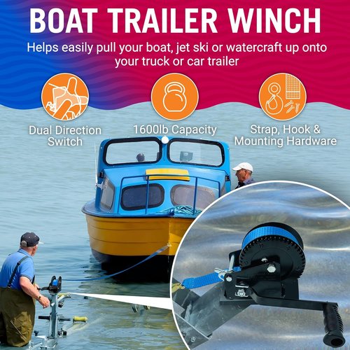 Boat Trailer Winch - Heavy Duty Manual Hand Crank with Strap & Hook for Towing Trailers & Boats