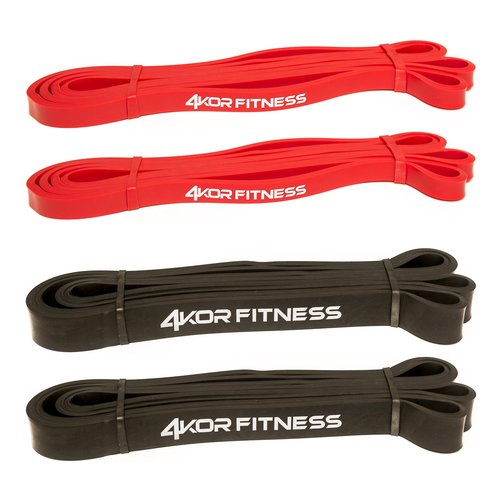 4KOR Fitness Pull Up Assist Band Set 2 Red and 2 Black Heavy Duty 41" Resistance Bands for Mobility, Crossfit, Weightlifting, Therapy, Home or Gym Workouts and More - Red 15-35lbs, Black 20-70lbs