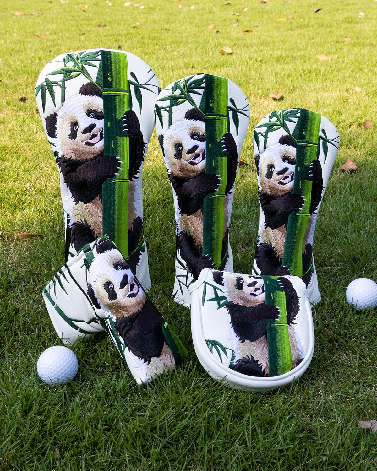 3pcs Panda Style Golf Head Covers, YXFSG Golf Club Covers Funny for Drivers, Fairway Woods, Hybrids, Mallet Blade Putter Golf Headcovers with Advanced Embroidery Soft Lined PU Leather for Most Brands