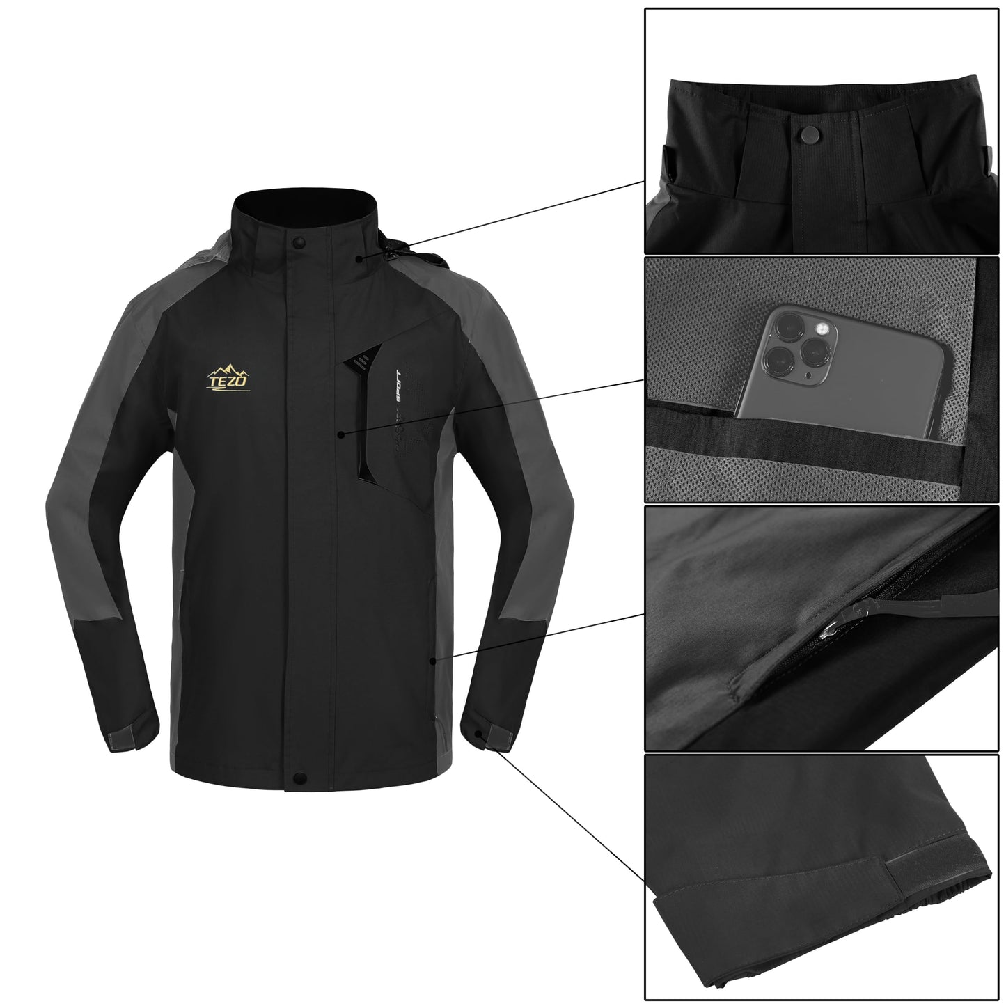 TEZO Mens Rain Jacket Waterproof with Hooded Hiking Coat Lightweight Windbreaker(BK/GY XL)
