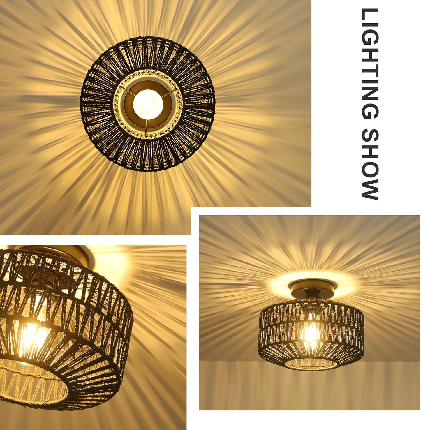 Boho Rattan Chandelier Ceiling Light Fixture with Dimmable LED Bulb - Hand Woven Flush Mount for Hallway, Bedroom, Kitchen & Living Room
