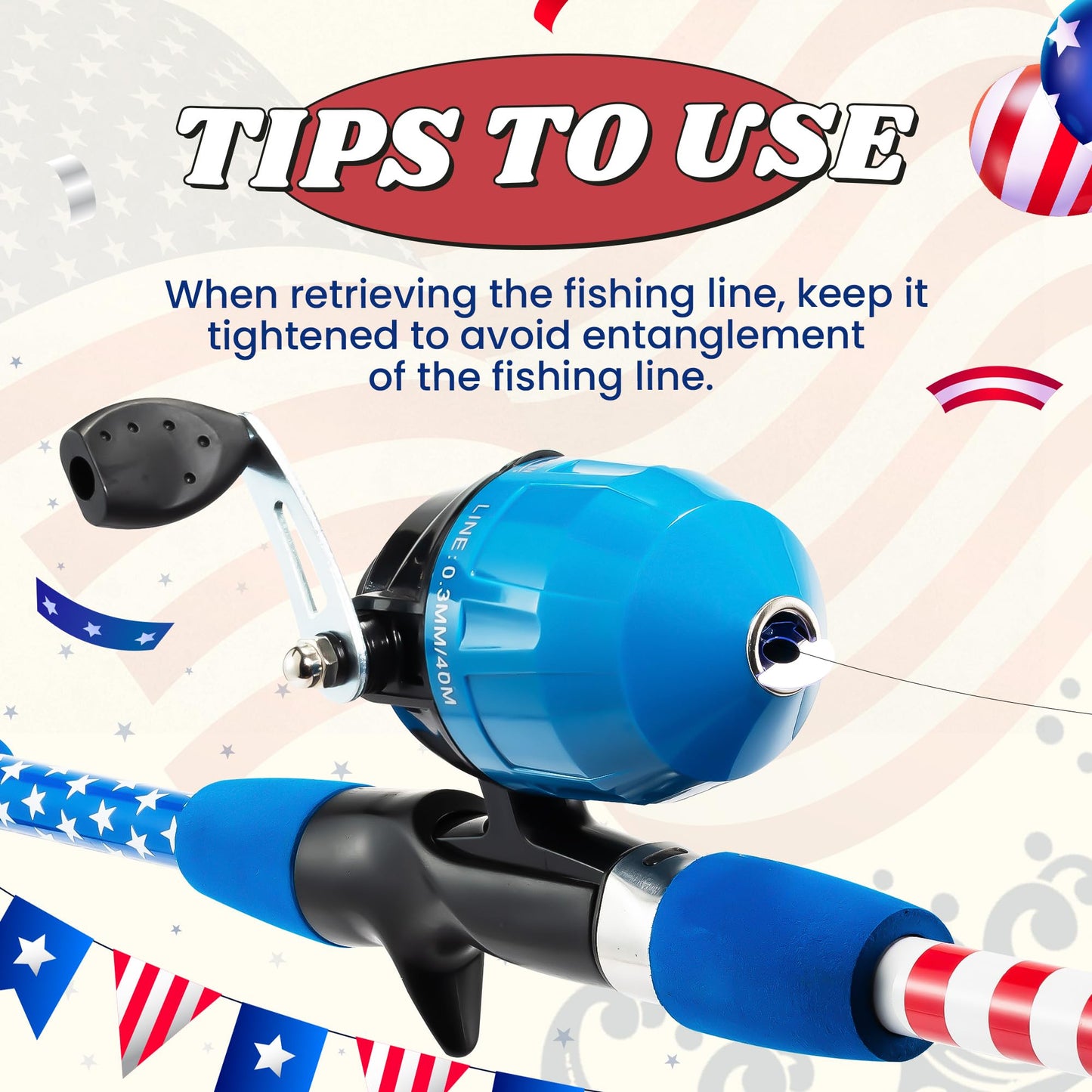 WIDDEN Kids Fishing Pole - Portable Telescopic Fishing Rod Set with Spincast Reel, Net, Bucket and Tackle Box - Patriotic American Flag Fishing Gear for Boys Girls Youth - 4th of July Gift