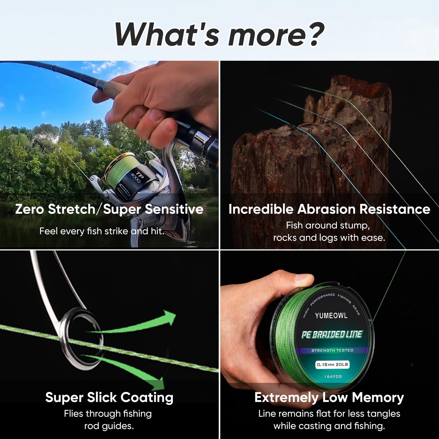 YUMEOWL Braided Fishing Line, Highly Abrasion Resistant,Zero Stretch,Braided Line, 4 Strand, Moss Green, 164YDS, 20LB, 0.18MM