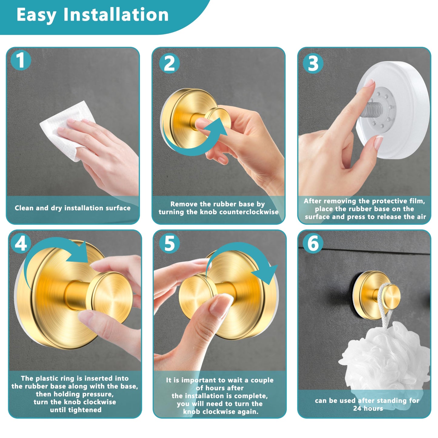 Suction Cup Hooks for Shower,Wreath Hanger for Front Door,Removable No Drill Waterproof Towel Loofah Hook,Upgraded 15 lbs Strong Suction Metal Hooks for Bathroom,Wall,Garland Glass Door-Gold 2 Pcs