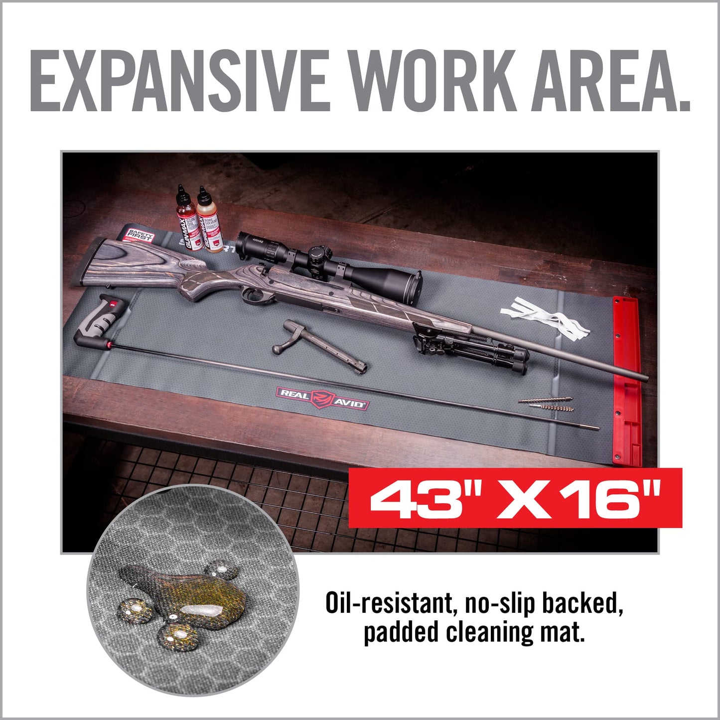 Real Avid Universal Smart Mat - 43x16”, Large Gun Cleaning Mat with Integrated Red Parts Tray, Gun Oil Resistant, Non-Slip, Padded Cleaning Mat