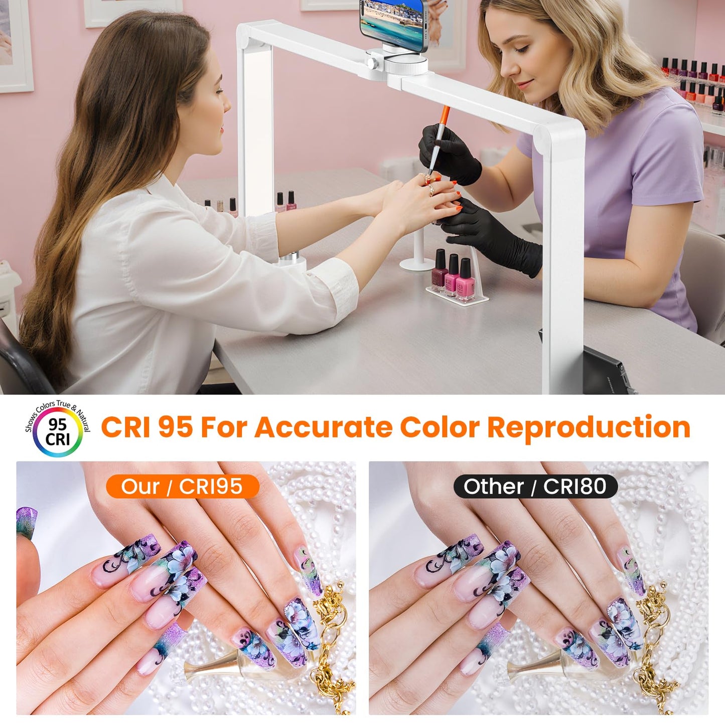 TiInsta Nail Light for Desk,34 Inch 48W Half Moon Light-Adjustable 3000K-6000K Color Temp, 0-100% Brightness,Nails lamp with Phone Stand,for Nails Art,Tattoo,Eyebrow,Beauty,Reading,Salon