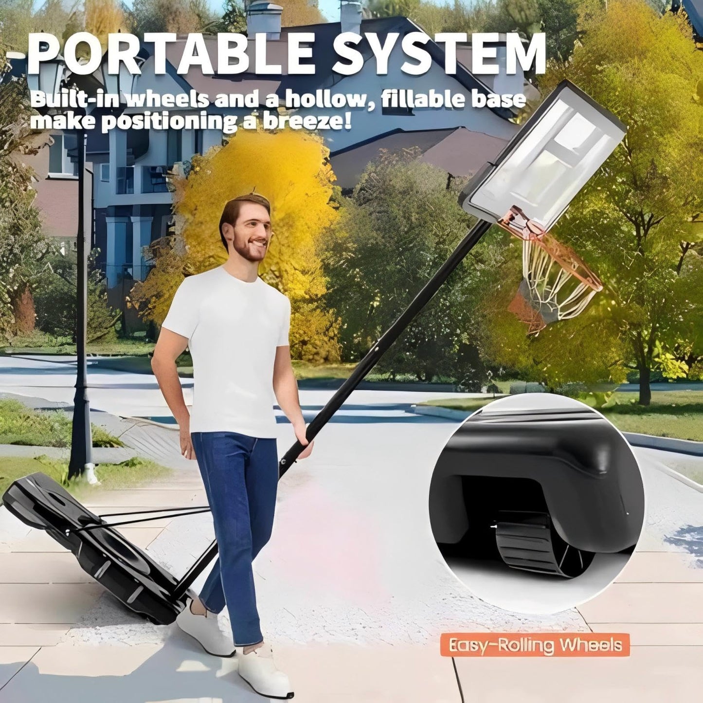DUMOS 10FT Adjustable Height Portable Basketball Hoop Outdoor for Adult, 44 Inch Shatterproof Backboard w/Shock Absorbent Rim, Fillable Base, 2 Wheels for Swimming Pool/Indoor, Metal, Classic Black