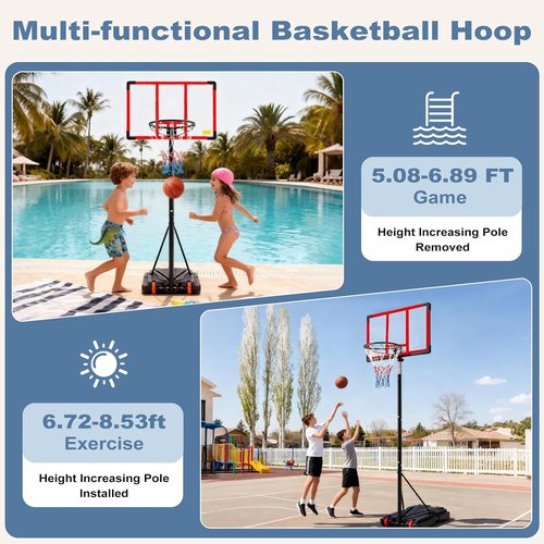 DUMOS 10FT Adjustable Height Basketball Hoop - 44 Inch Shatterproof Backboard & Shock Absorbent Rim | Portable for Indoor/Outdoor Use