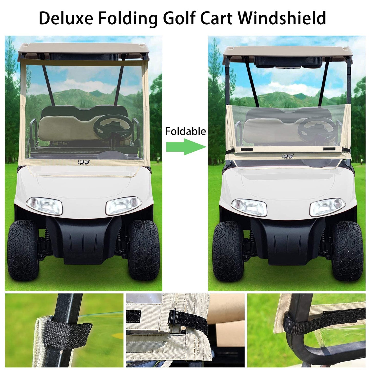 10L0L Foldable Golf Cart Windshield Film for EZGO RXV, Clear Portable Removable Plastic Windshield (Beige)
