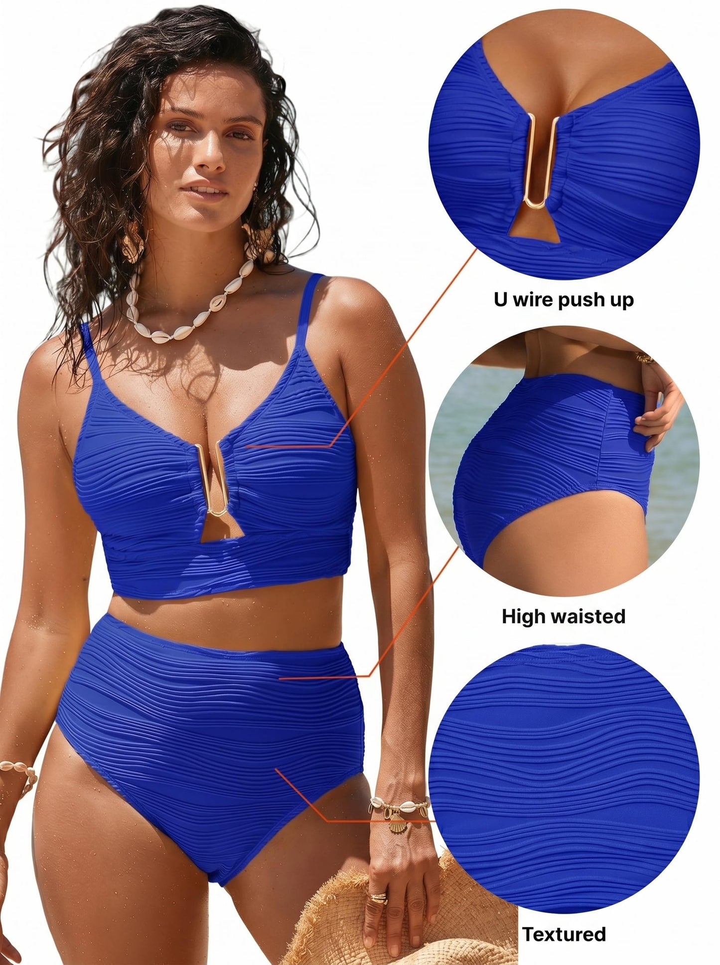 Herseas Womens High Waisted Bikini Sets Ribbed 2 Piece V Neck Popular Bathing Suit Textured U-Wired Push Up Casual Swimsuit Elegant Beach Vacation Clothes Bright Blue Small