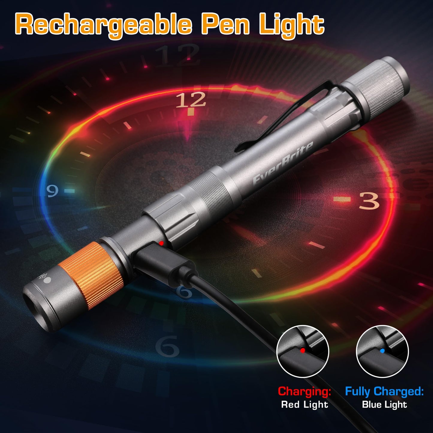 EverBrite Rechargeable Pen Light, 300 Lumens EDC Flashlight, Zoomable LED Pocket Flashlight with Clip, Memory Function and USB C Cable Included, for Camping, Emergency, Gray